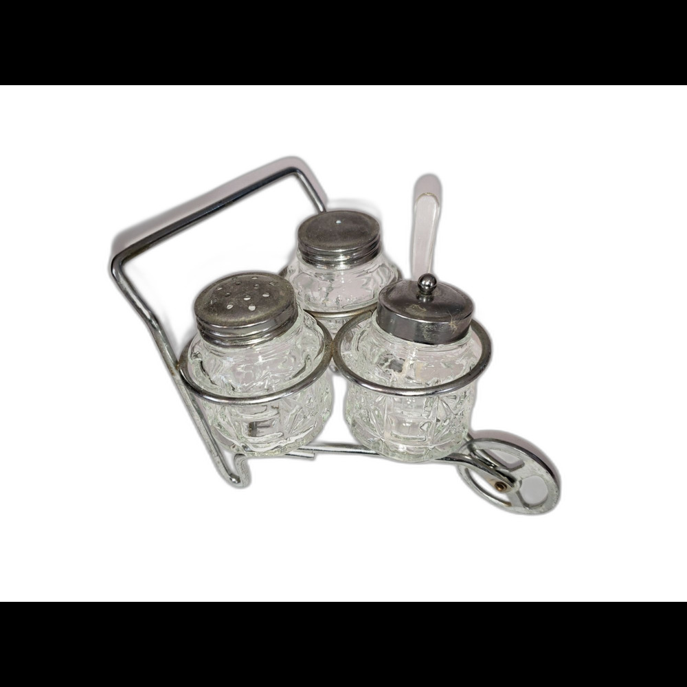 MCM Salt Pepper Mustard Pot W/Wheelbarrow Anchor Hocking Pressed Glass Kitsch